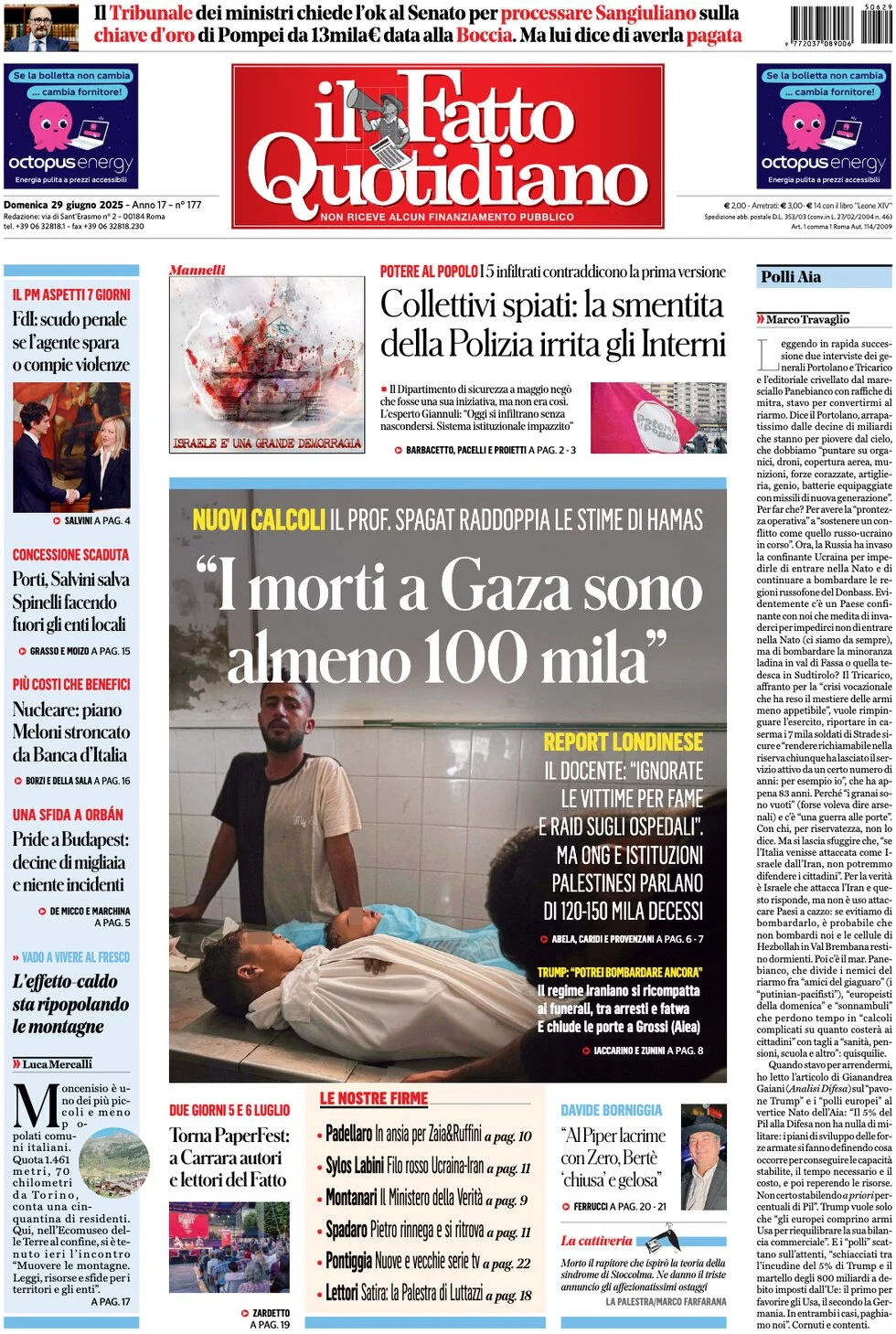 anteprima della prima pagina di il-fatto-quotidiano del 29/06/2025