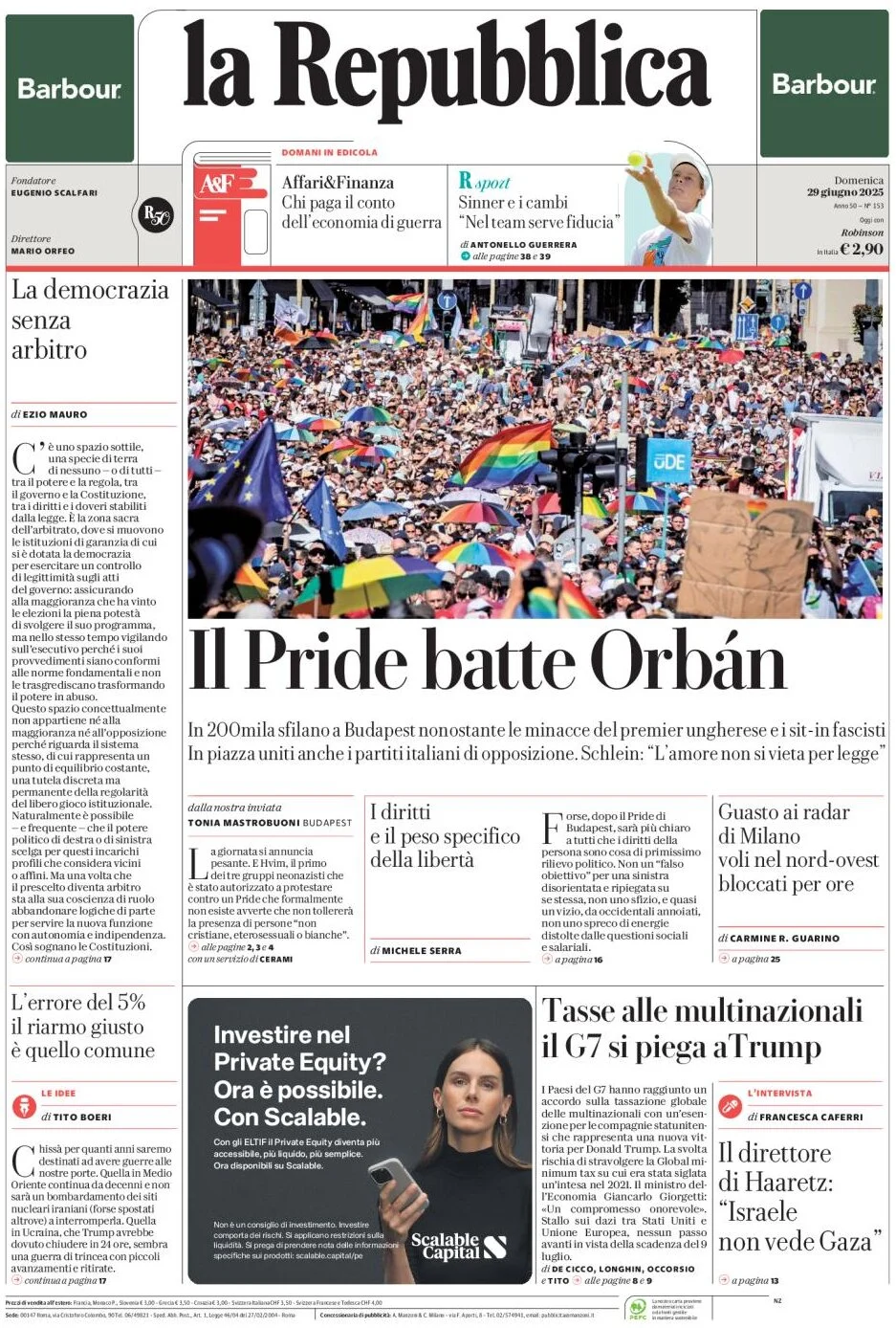 anteprima della prima pagina di la-repubblica del 29/06/2025