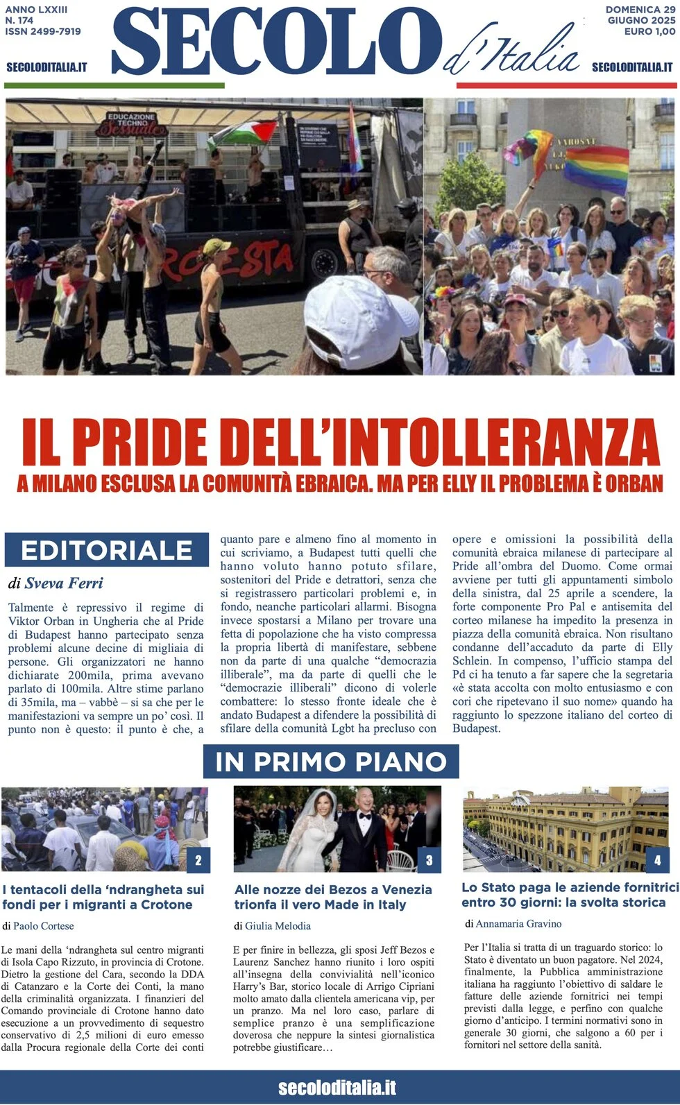 anteprima della prima pagina di secolo-ditalia del 29/06/2025