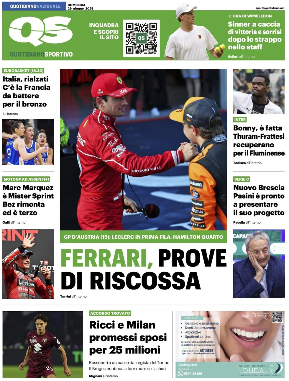 anteprima della prima pagina di qs-quotidiano-sportivo del 29/06/2025