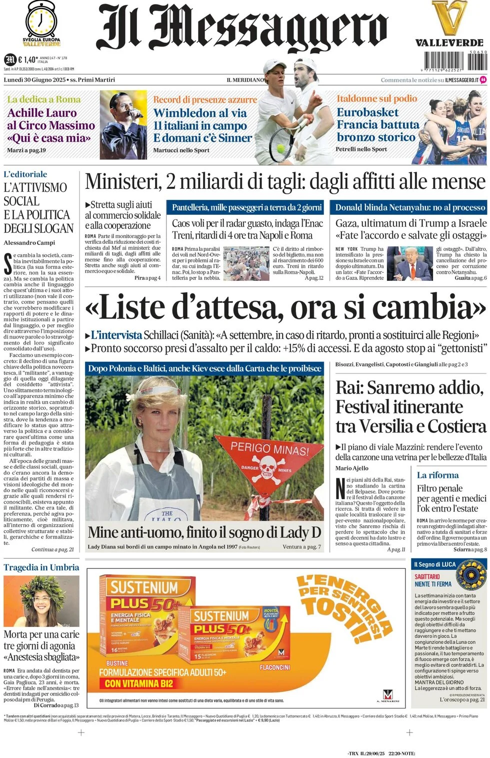 anteprima della prima pagina di il-messaggero del 30/06/2025