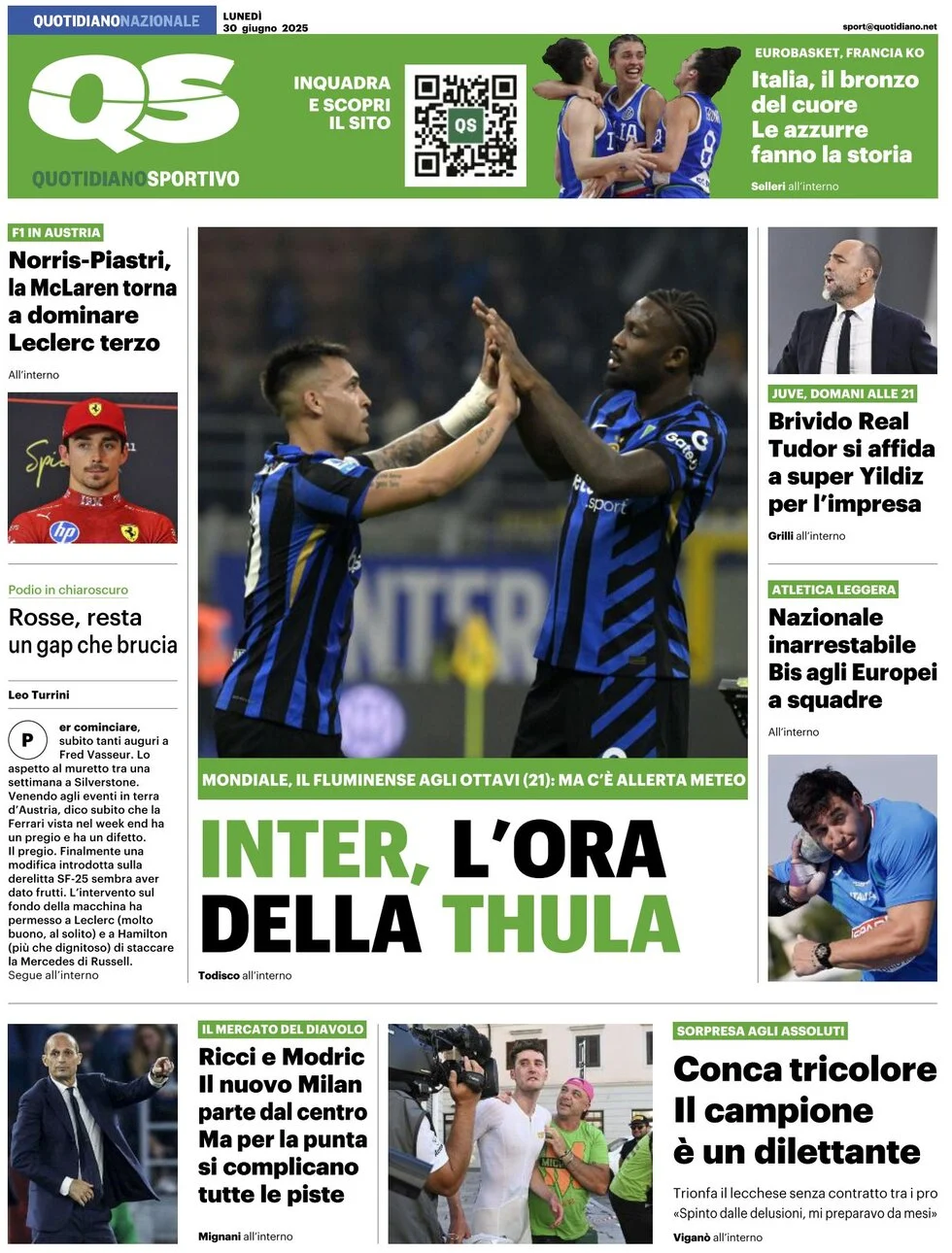 anteprima della prima pagina di qs-quotidiano-sportivo del 30/06/2025