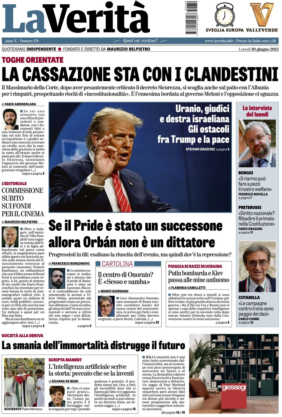 prima pagina - La Verità del 30/06/2025