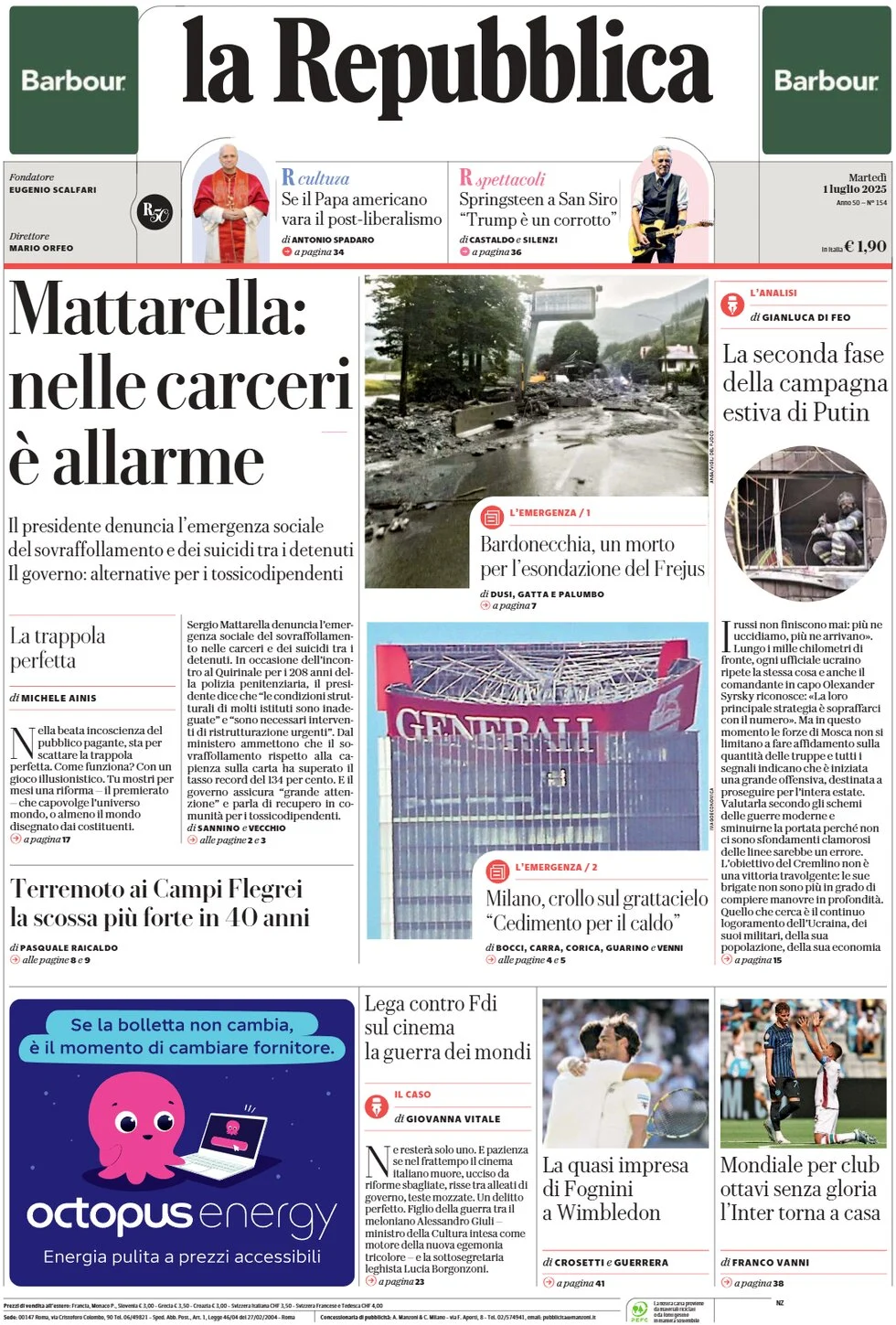 anteprima della prima pagina di la-repubblica del 01/07/2025