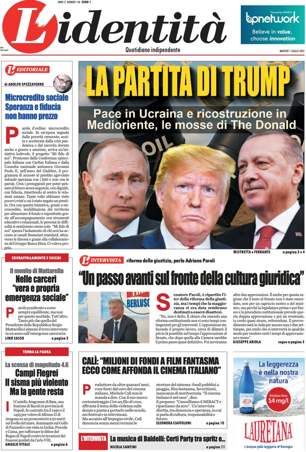 anteprima della prima pagina di lidentit del 01/07/2025