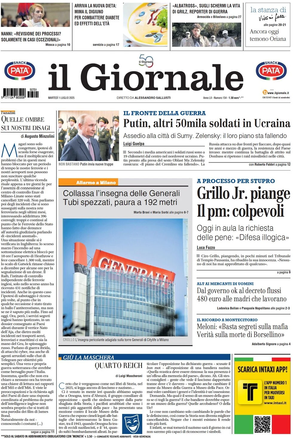 anteprima della prima pagina di il-giornale del 01/07/2025