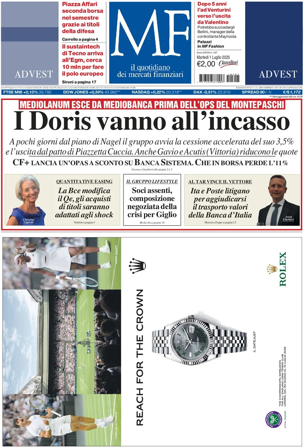 anteprima della prima pagina di mf-milano-finanza del 01/07/2025