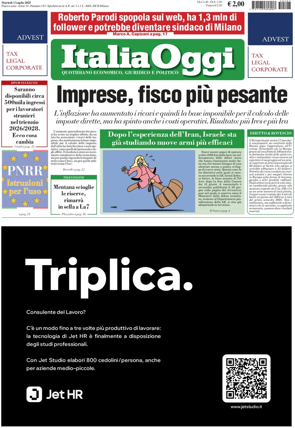 Anteprima prima pagina della rasegna stampa di ieri 2025-07-01 - italia-oggi/