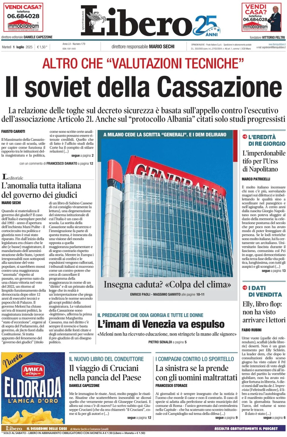 anteprima della prima pagina di libero-quotidiano del 01/07/2025