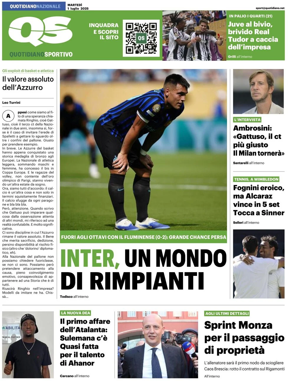 Anteprima prima pagina della rasegna stampa di ieri 2025-07-01 - qs-quotidiano-sportivo/