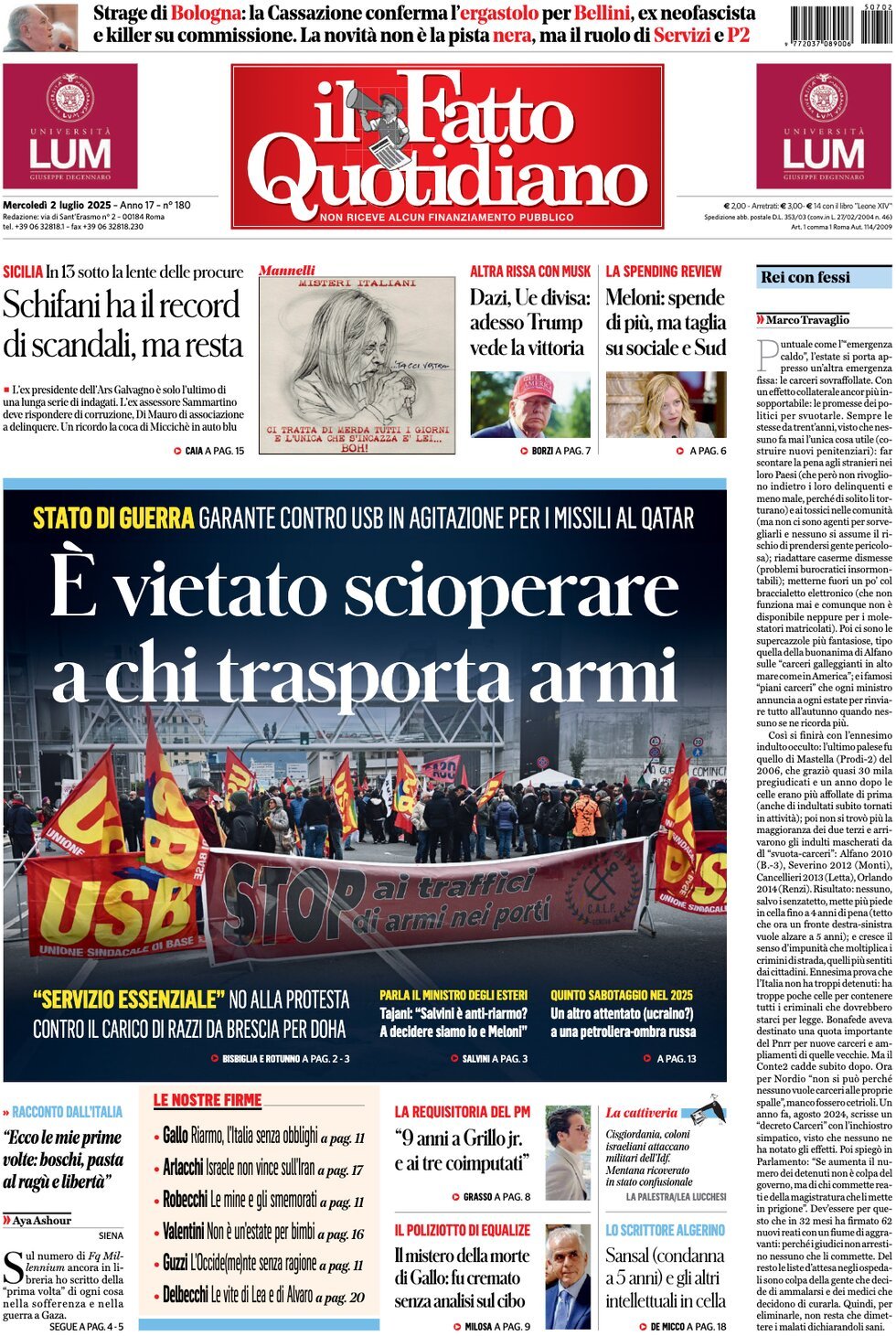 anteprima della prima pagina di Il Fatto Quotidiano