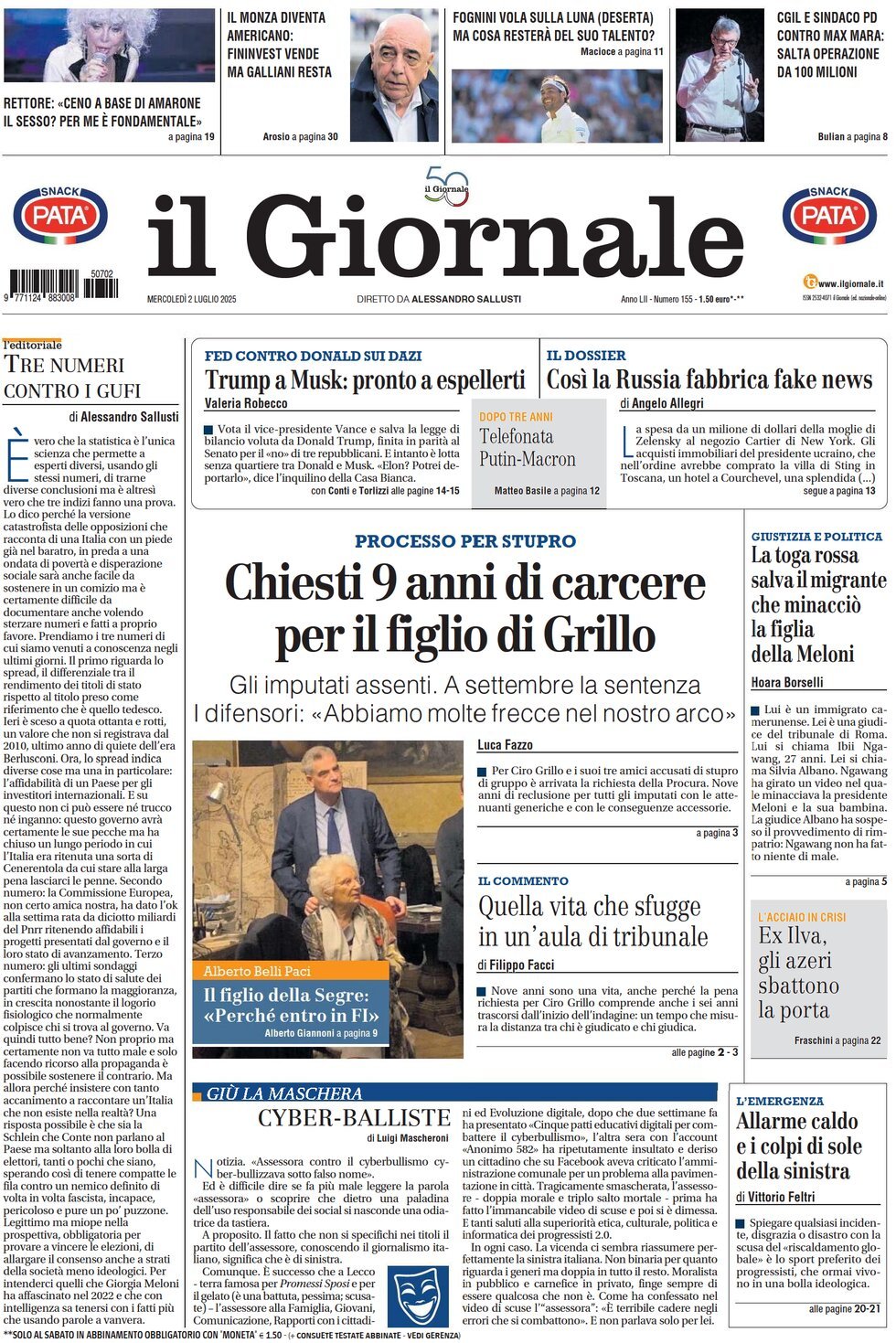anteprima della prima pagina di Il Giornale