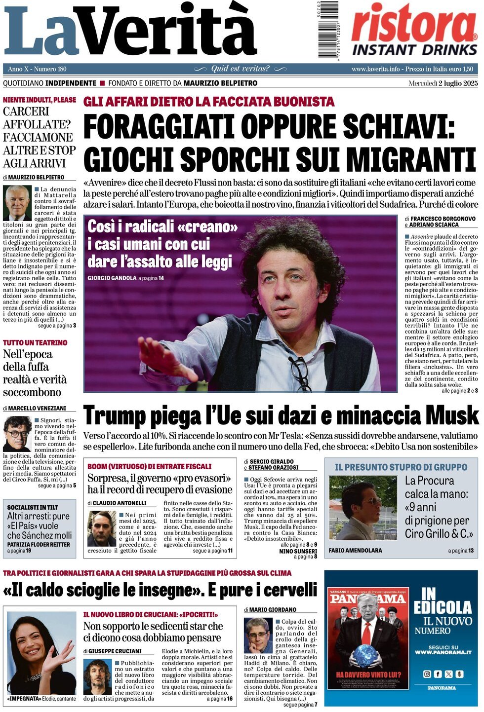 anteprima della prima pagina di La Verità