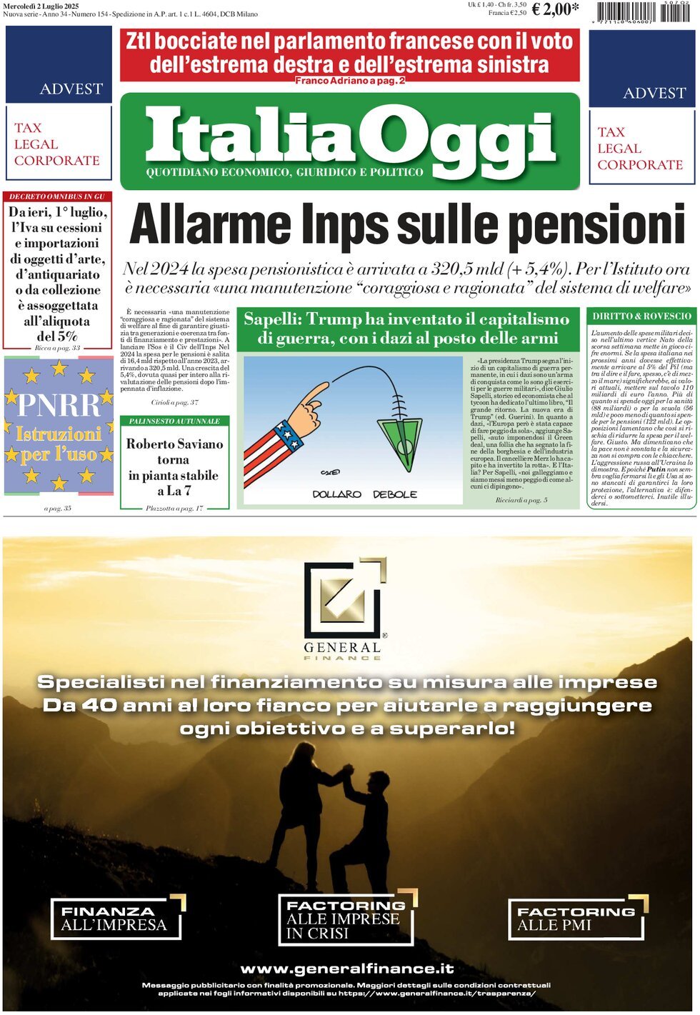 prima pagina - ItaliaOggi del 02/07/2025