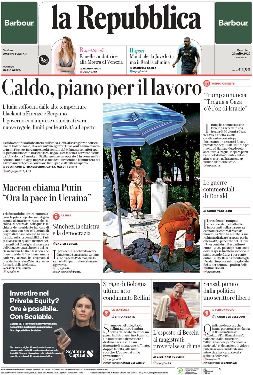 anteprima della prima pagina di La Repubblica