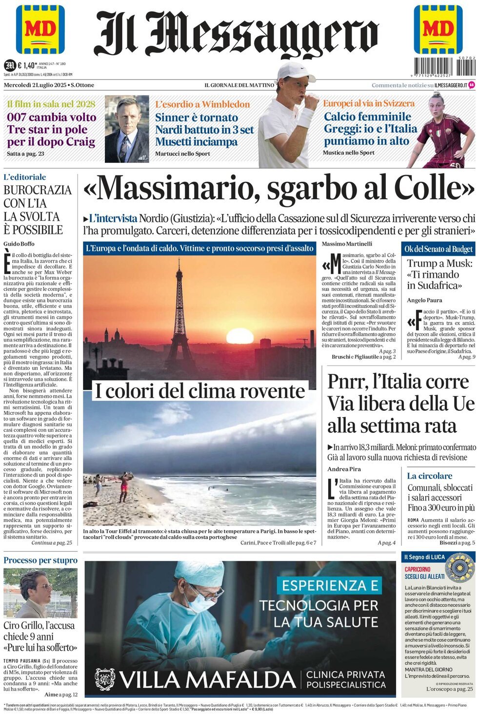 anteprima della prima pagina di Il Messaggero