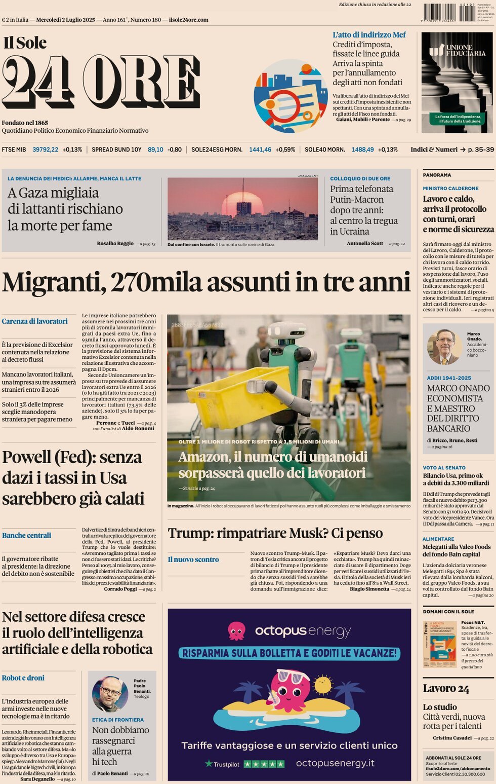 anteprima della prima pagina di Il Sole 24 Ore