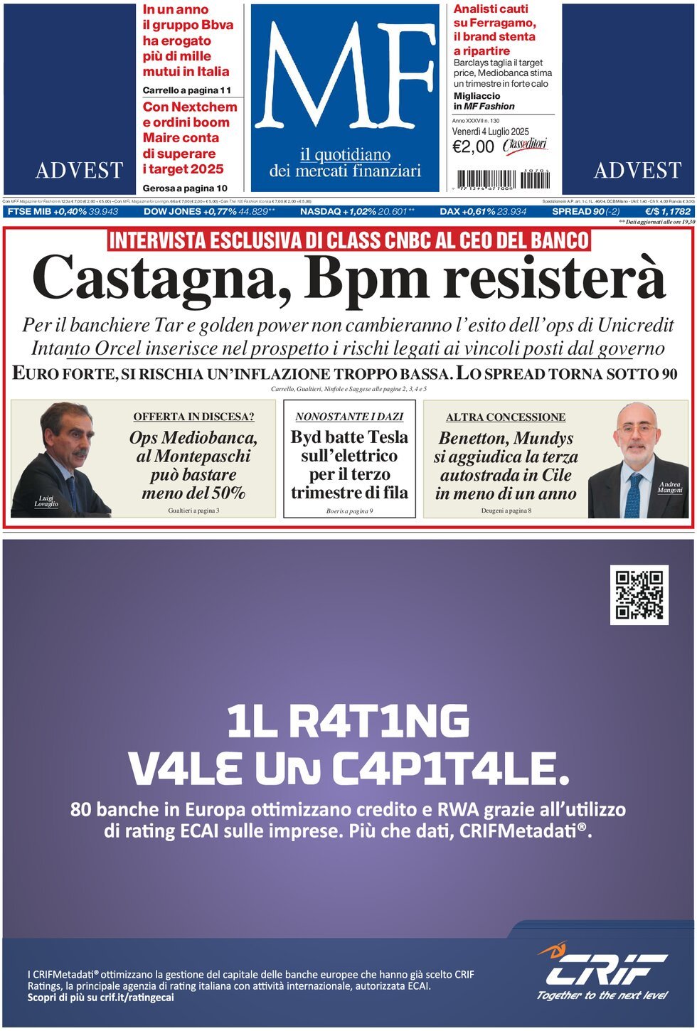 anteprima della prima pagina di mf-milano-finanza del 04/07/2025
