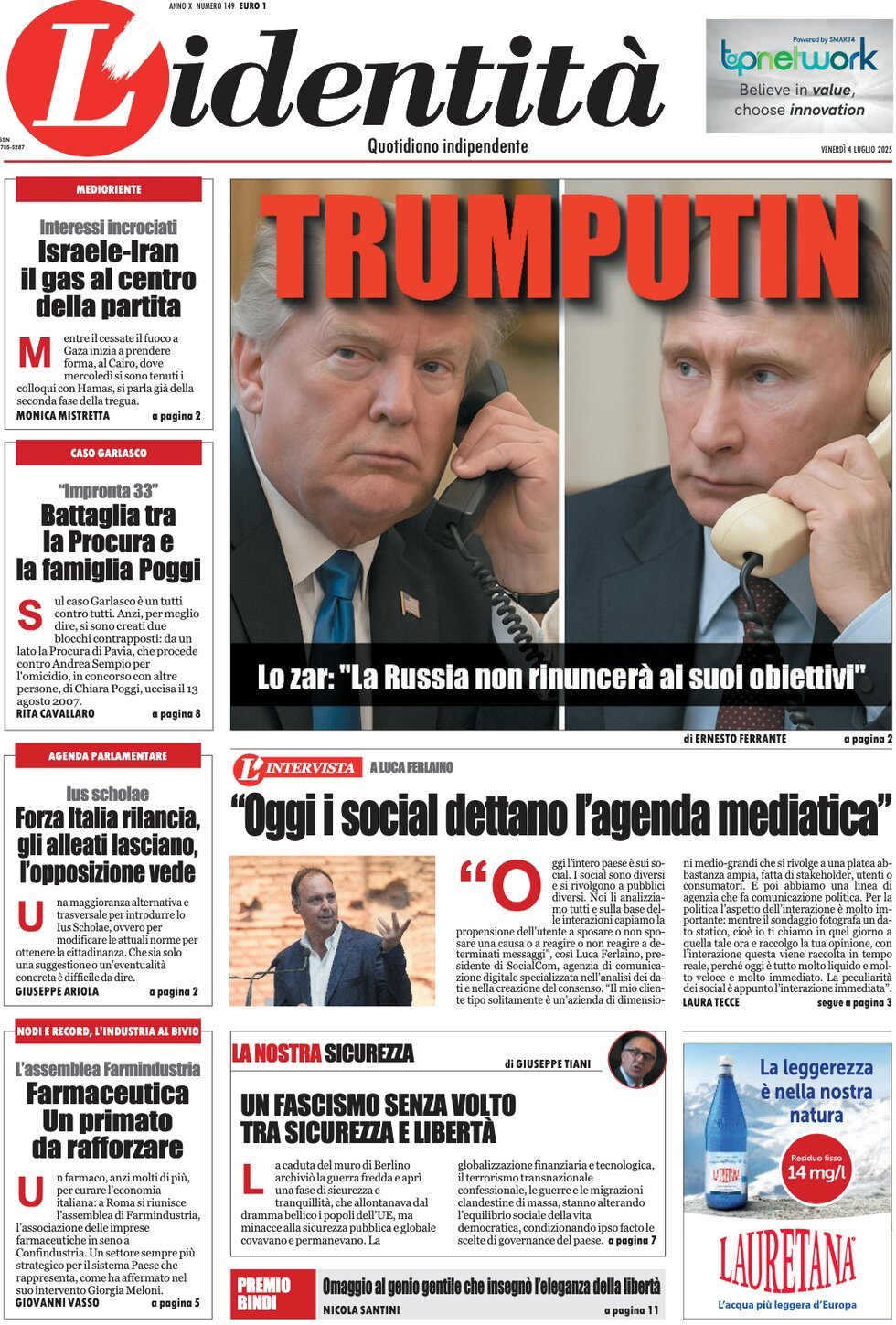 anteprima della prima pagina di lidentit del 04/07/2025