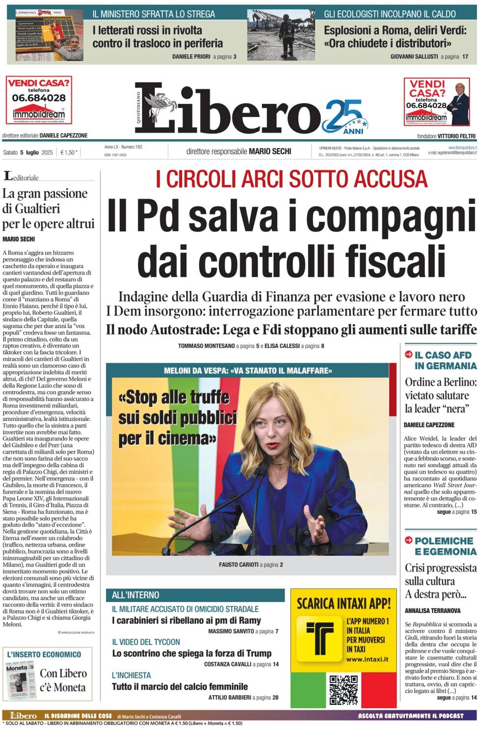 anteprima della prima pagina di libero-quotidiano del 05/07/2025