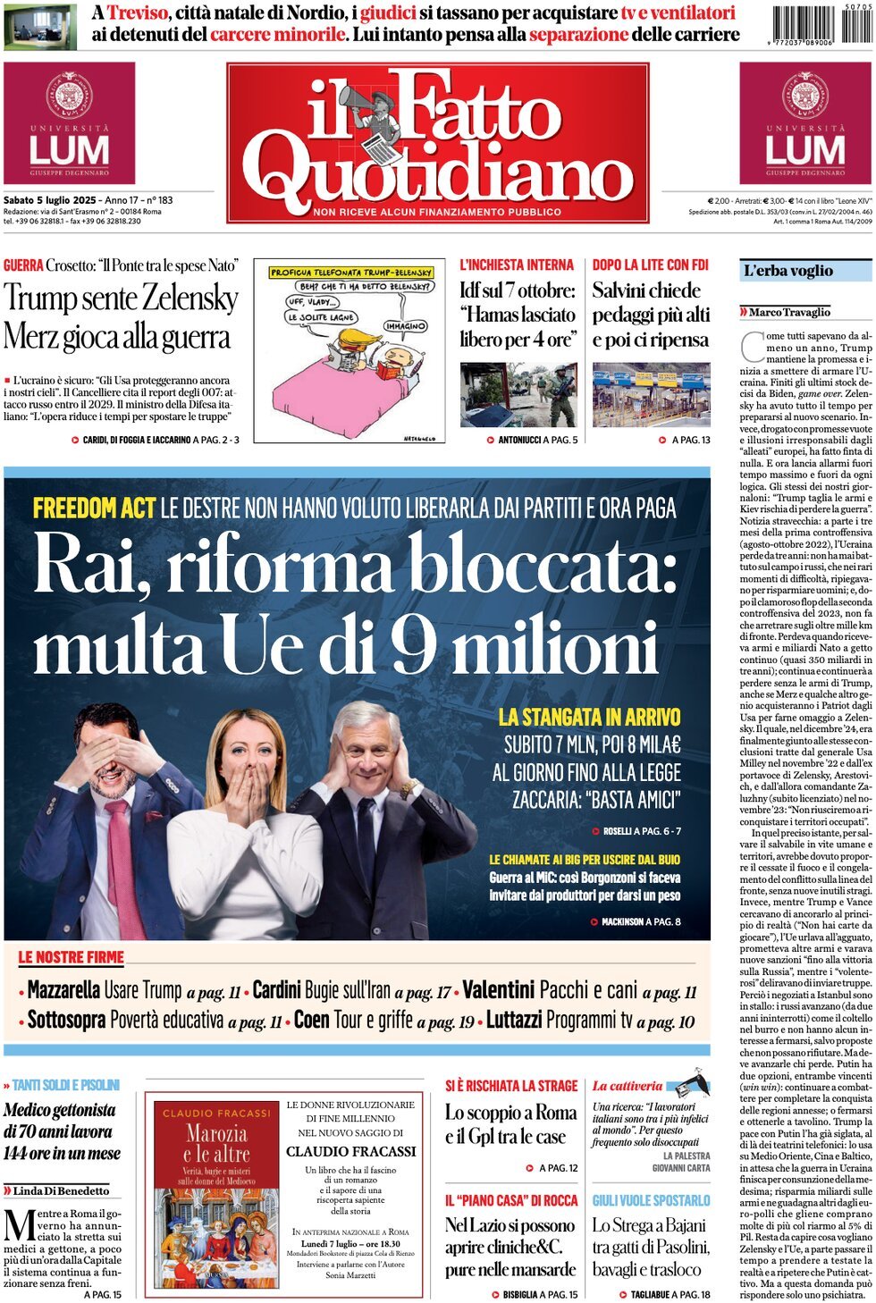 anteprima della prima pagina di il-fatto-quotidiano del 05/07/2025