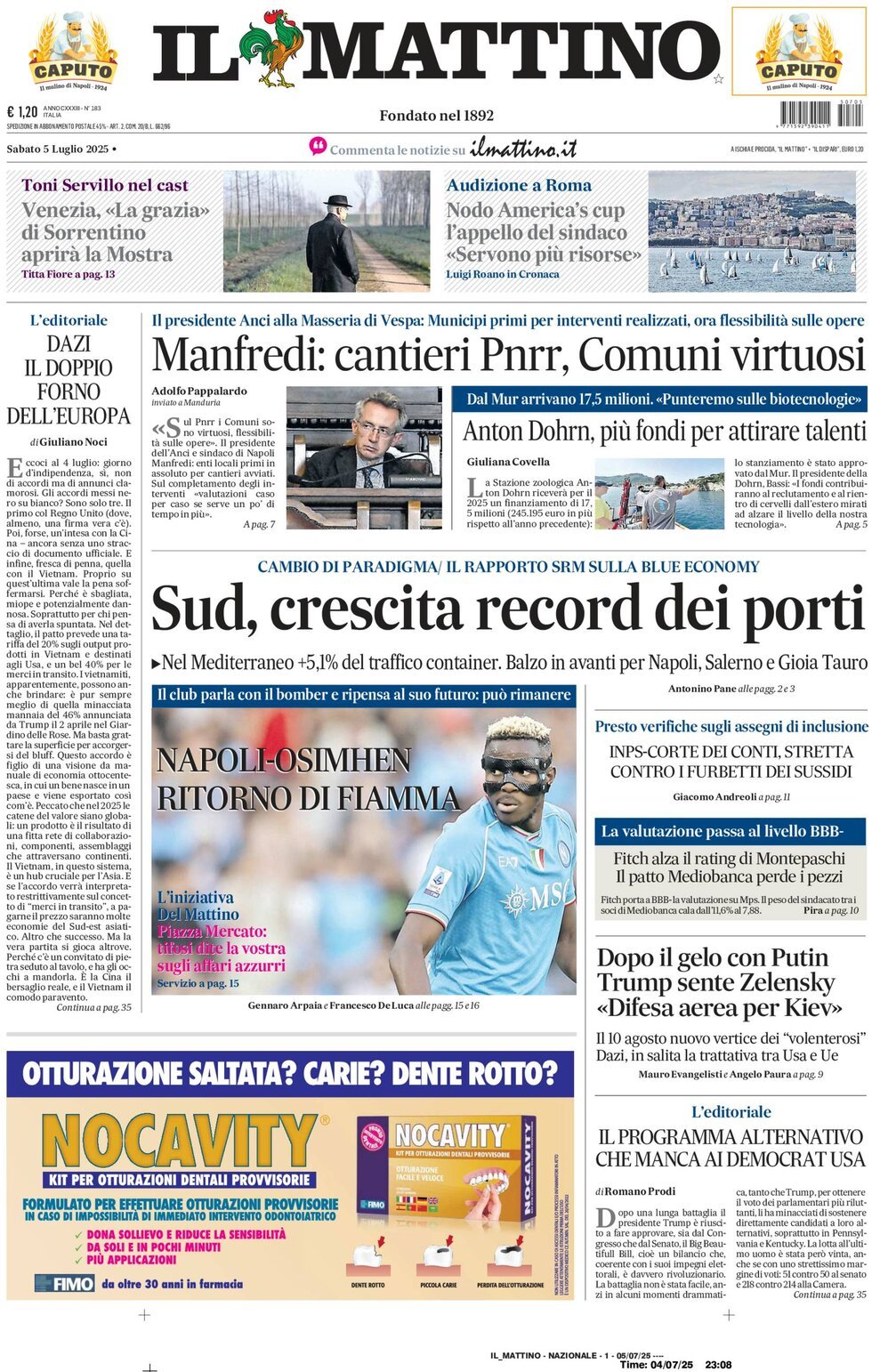prima pagina - Il Mattino del 05/07/2025