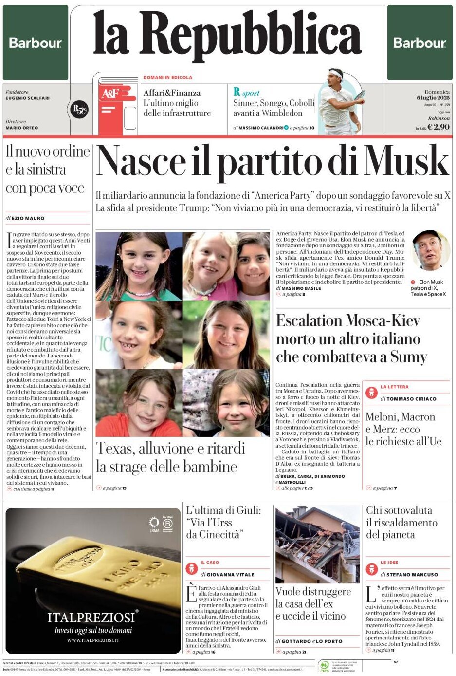 anteprima della prima pagina di la-repubblica del 06/07/2025