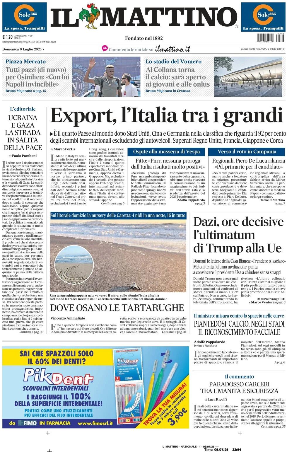 anteprima della prima pagina di il-mattino del 06/07/2025