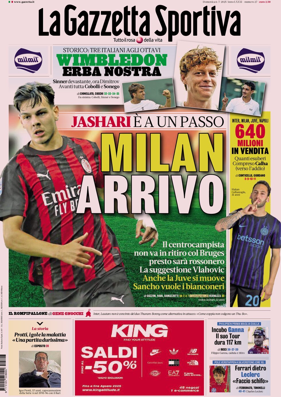 anteprima della prima pagina di la-gazzetta-dello-sport del 06/07/2025