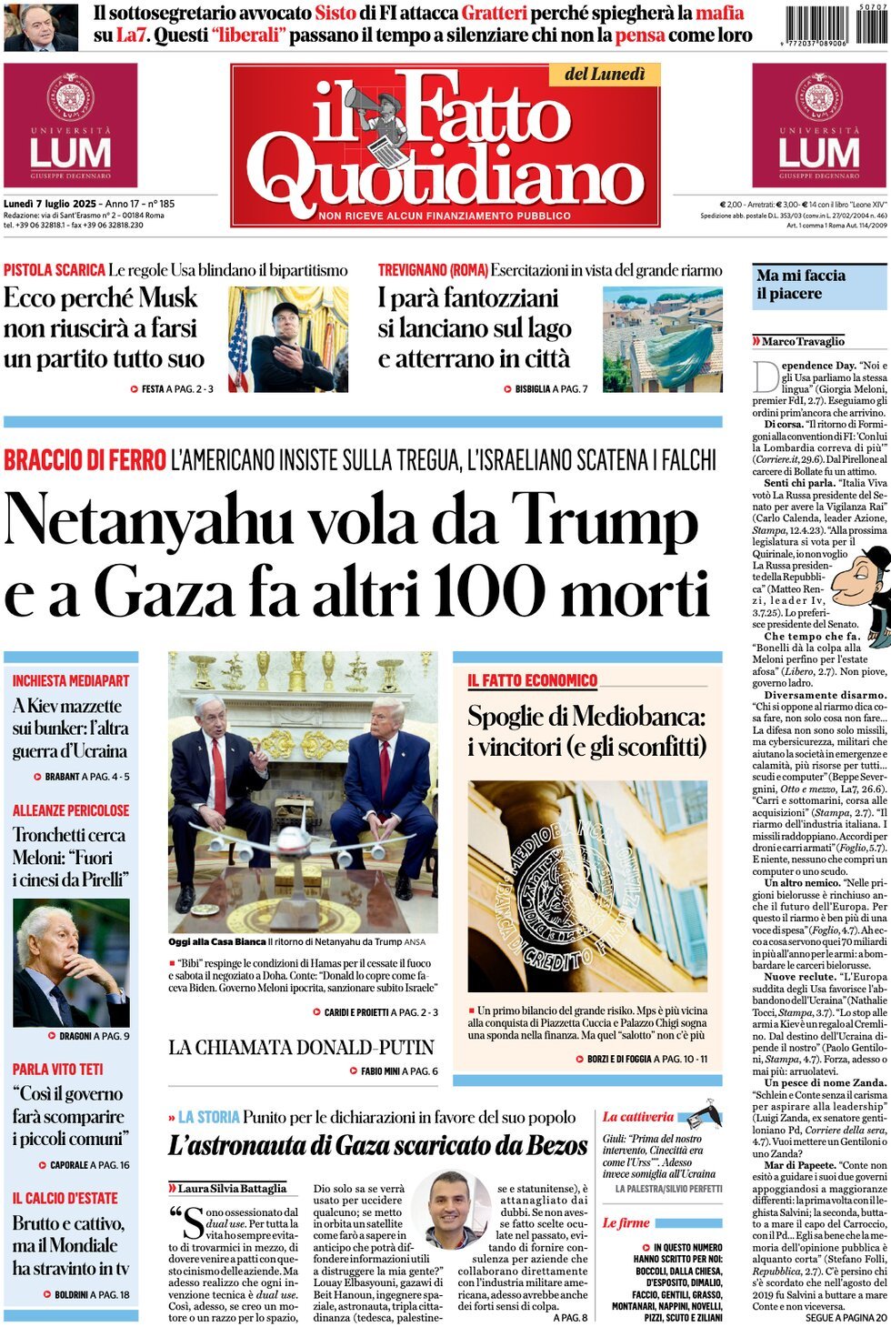 anteprima della prima pagina di il-fatto-quotidiano del 07/07/2025
