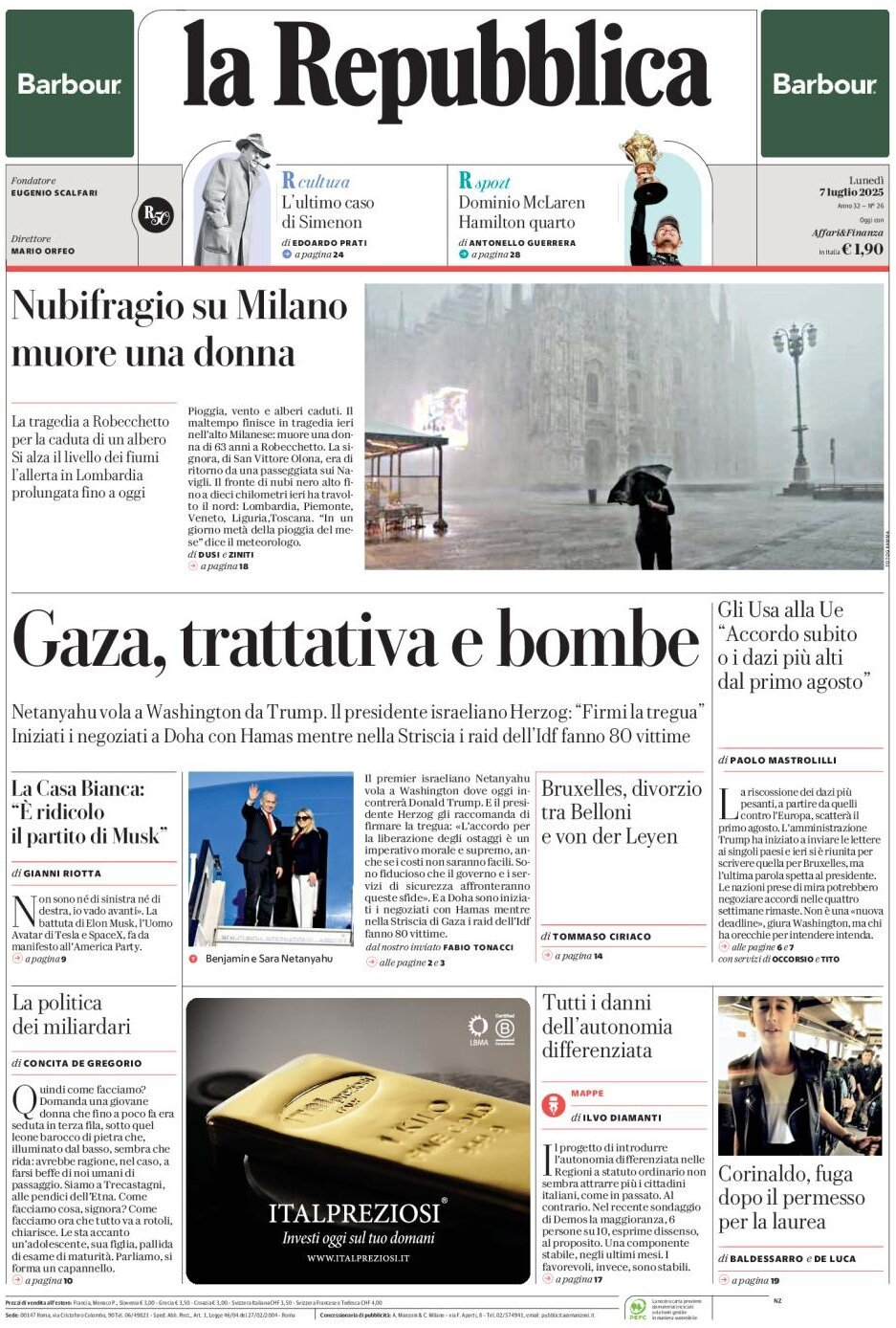 anteprima della prima pagina di la-repubblica del 07/07/2025
