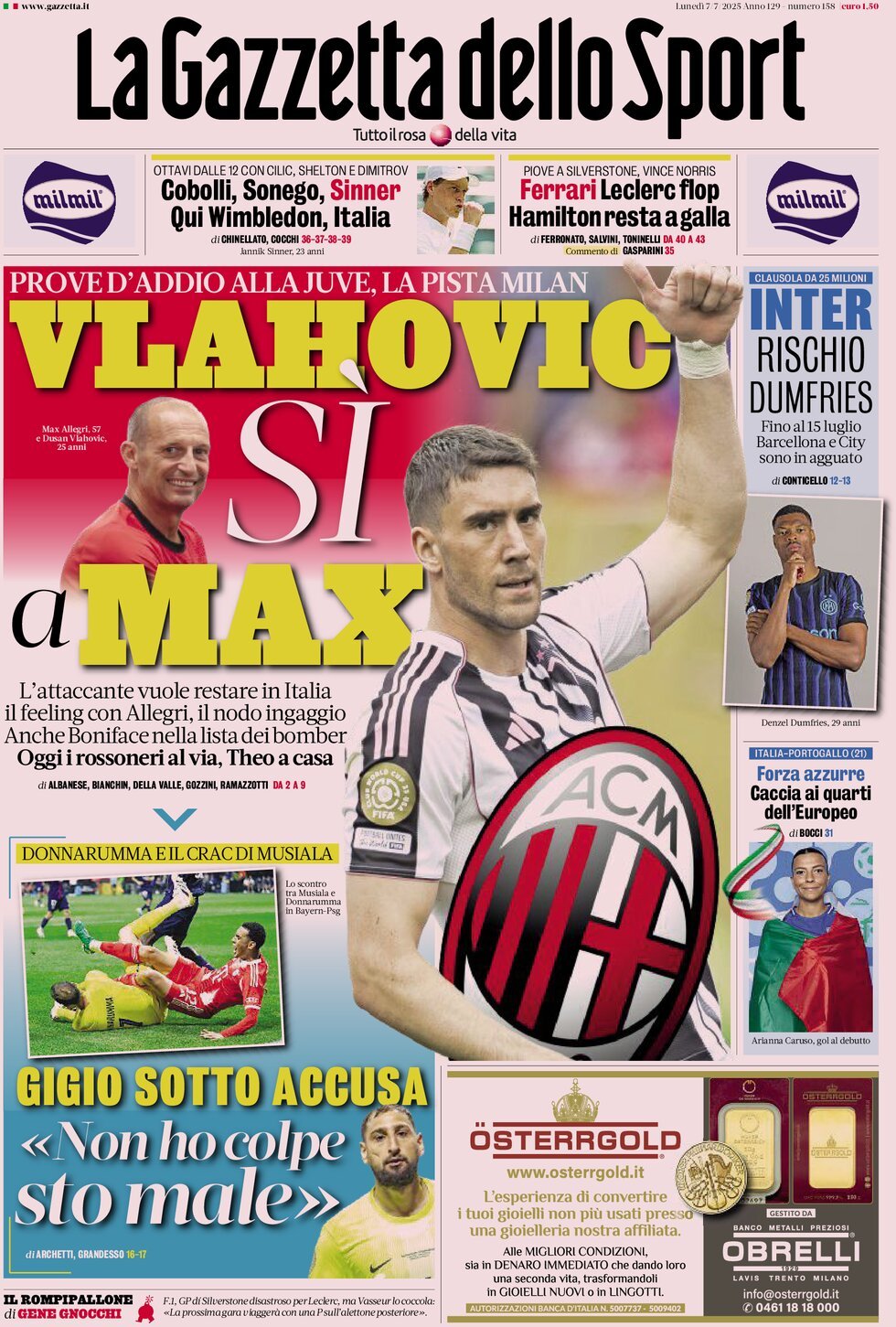 anteprima della prima pagina di la-gazzetta-dello-sport del 07/07/2025