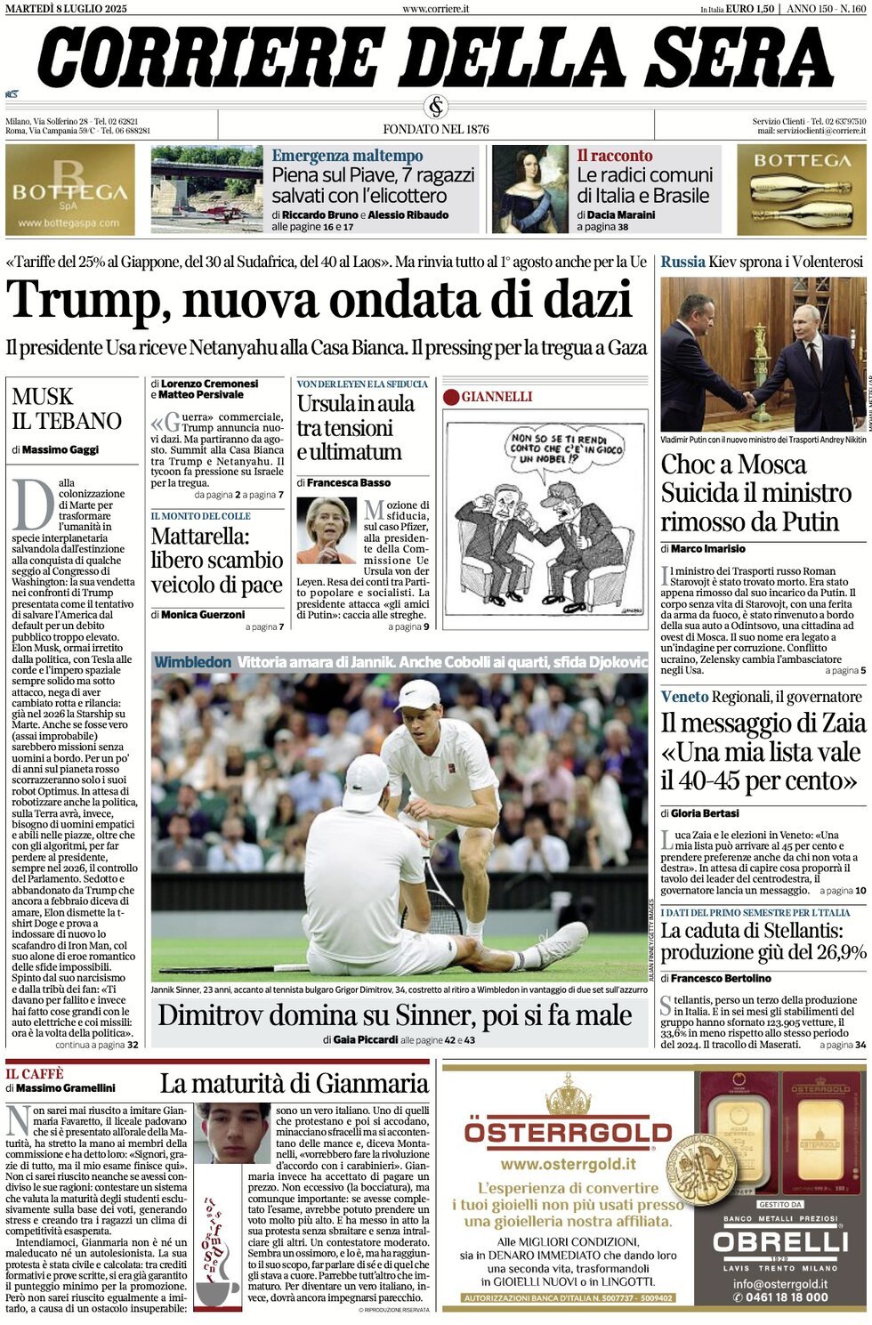 anteprima della prima pagina di corriere-della-sera del 08/07/2025