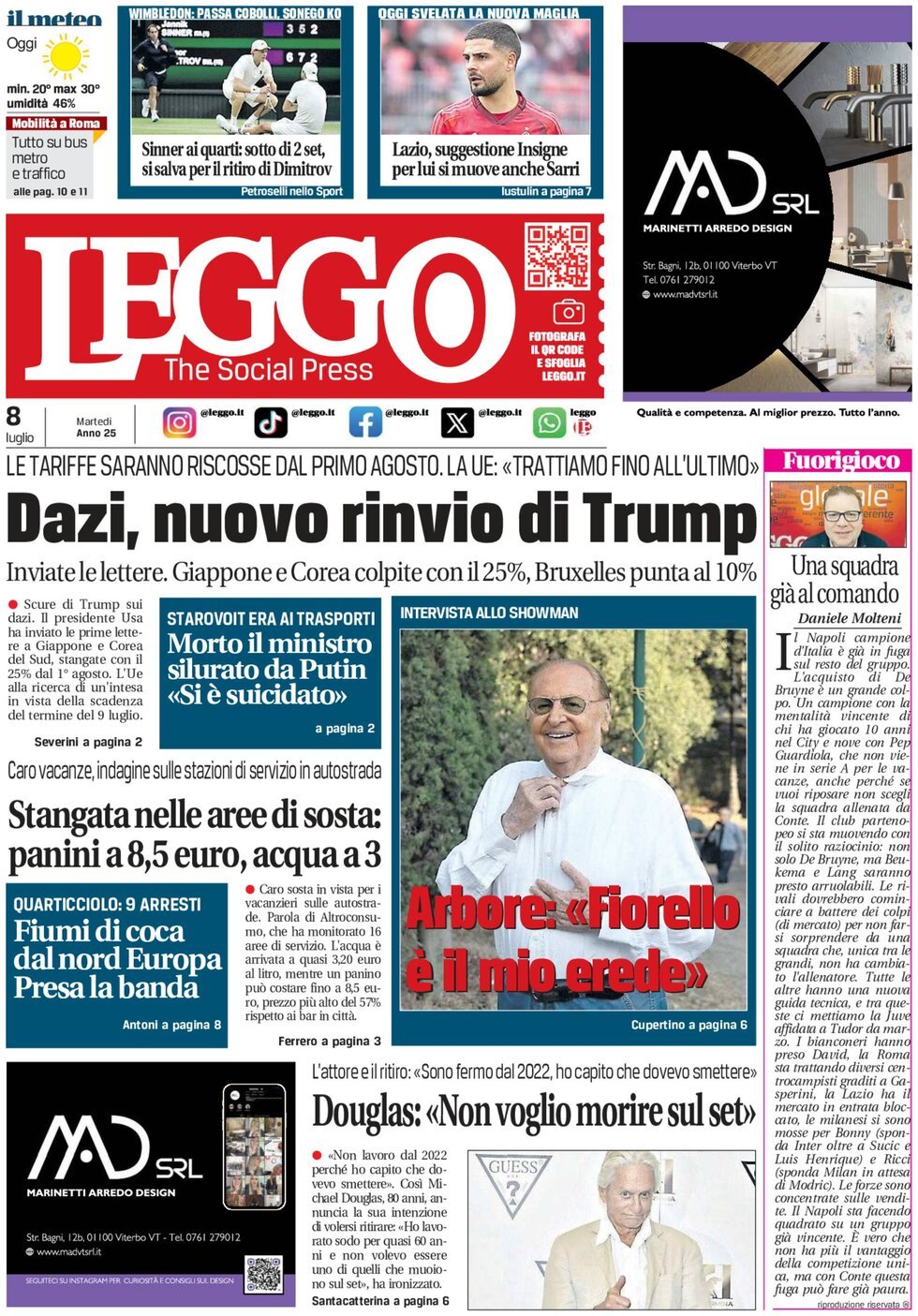anteprima della prima pagina di leggo-roma del 08/07/2025