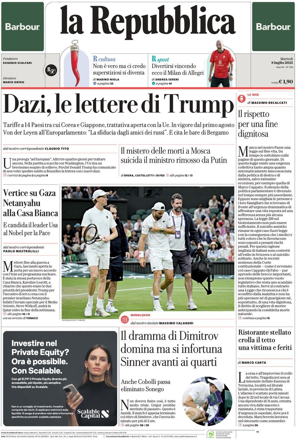 anteprima della prima pagina di la-repubblica del 08/07/2025