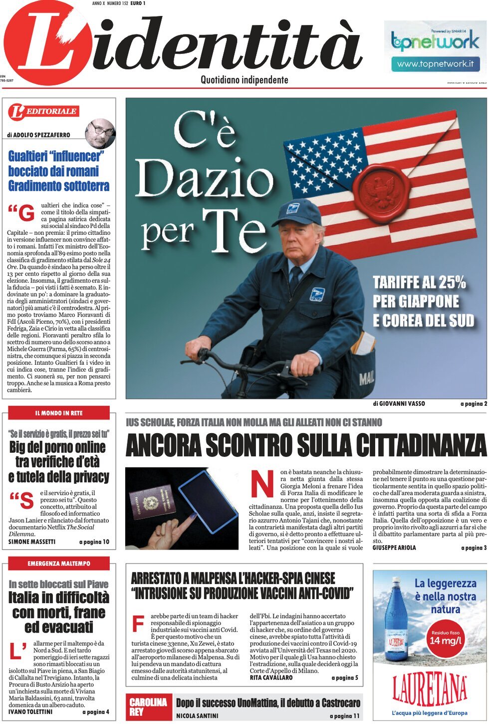 anteprima della prima pagina di lidentit del 08/07/2025