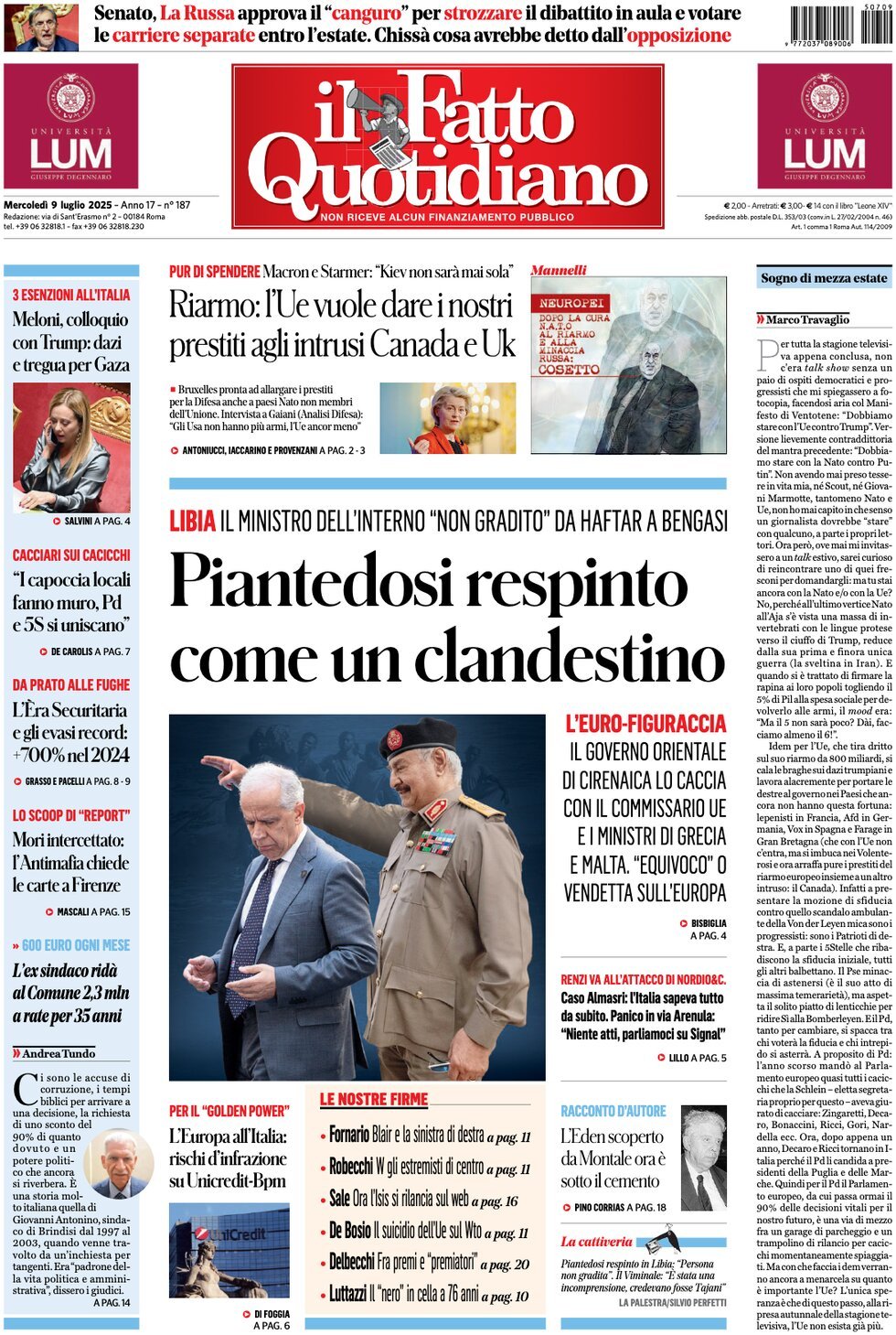 anteprima della prima pagina di il-fatto-quotidiano del 09/07/2025