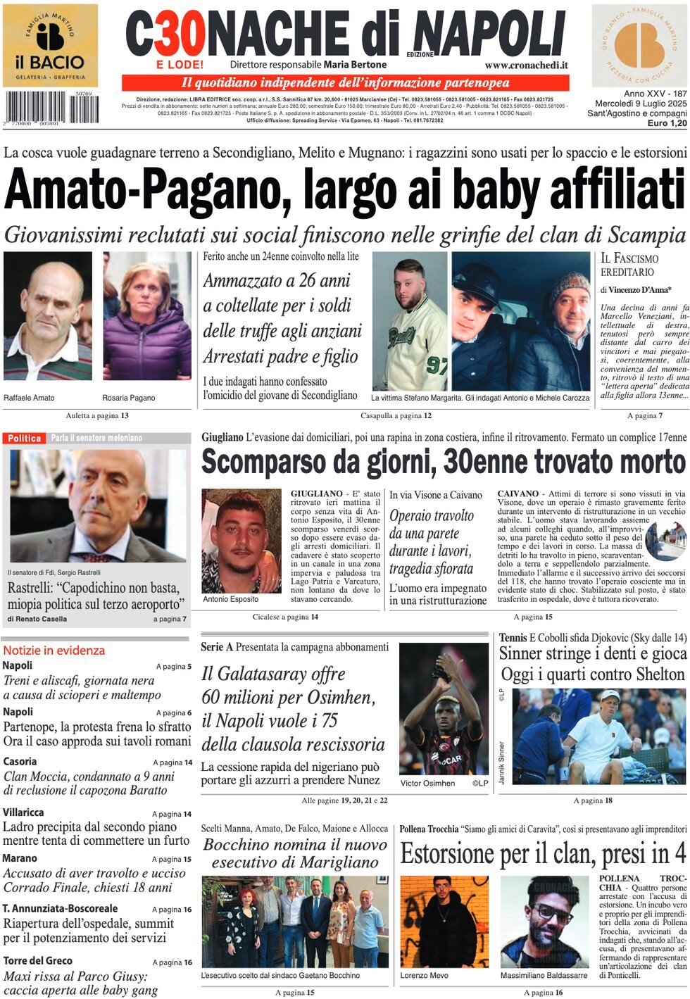 anteprima della prima pagina di cronache-di-napoli del 09/07/2025