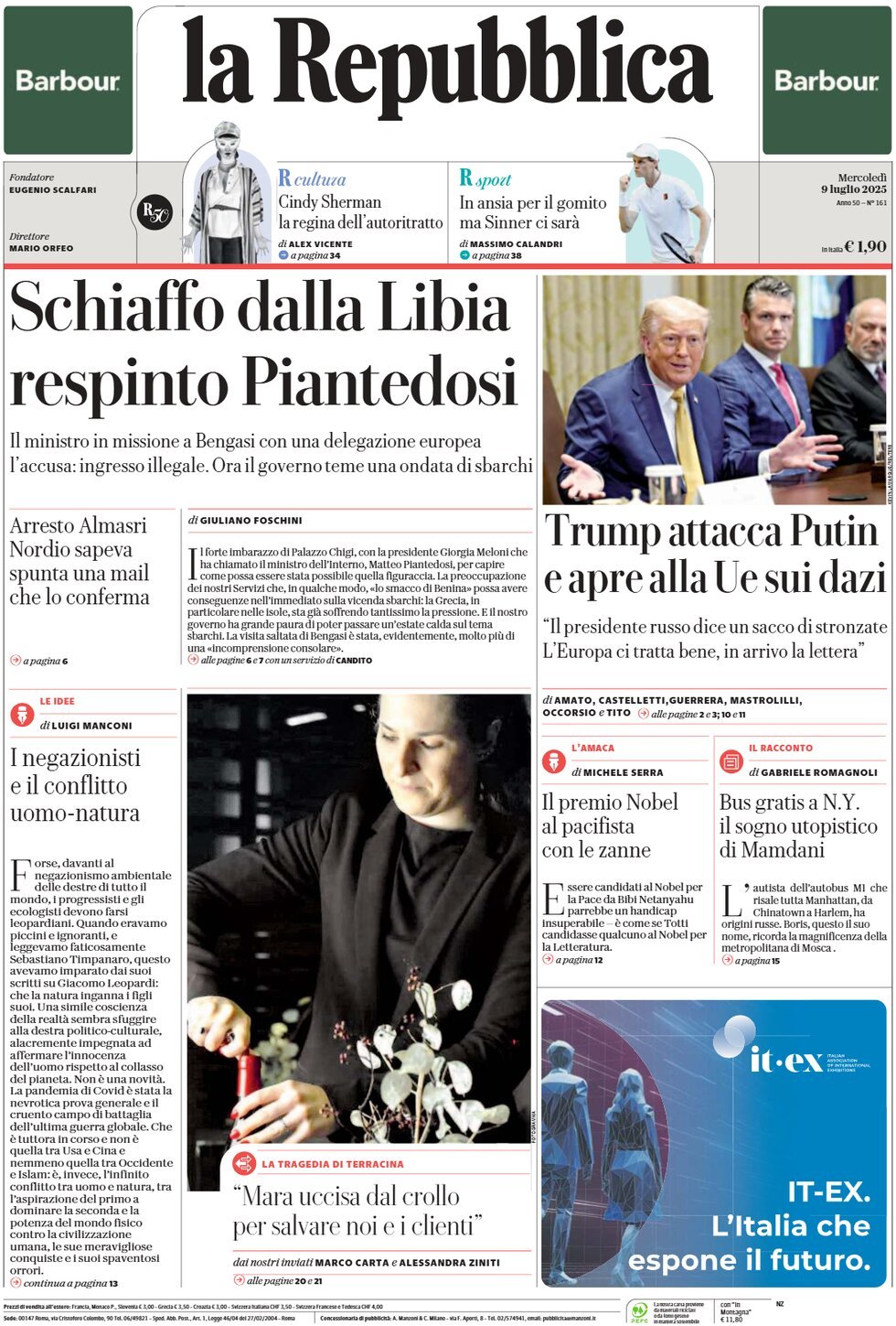 anteprima della prima pagina di la-repubblica del 09/07/2025