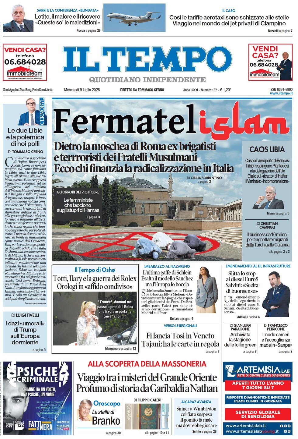 Anteprima prima pagina della rasegna stampa di ieri 2025-07-09 - il-tempo/
