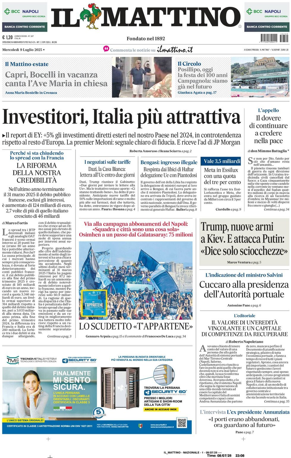anteprima della prima pagina di il-mattino del 09/07/2025