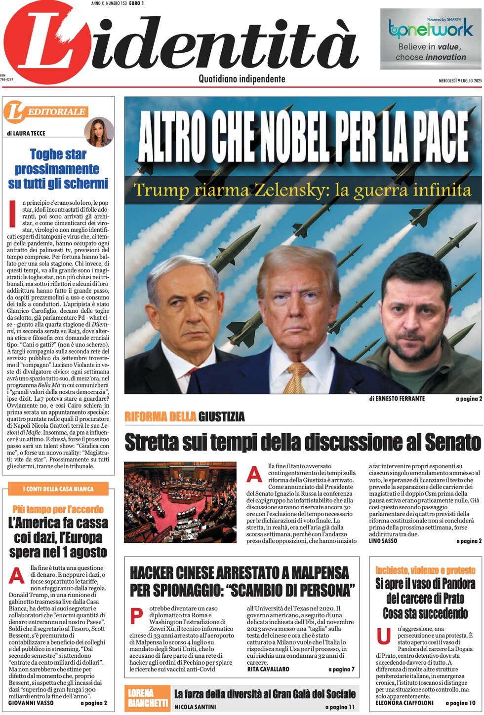 anteprima della prima pagina di lidentit del 09/07/2025