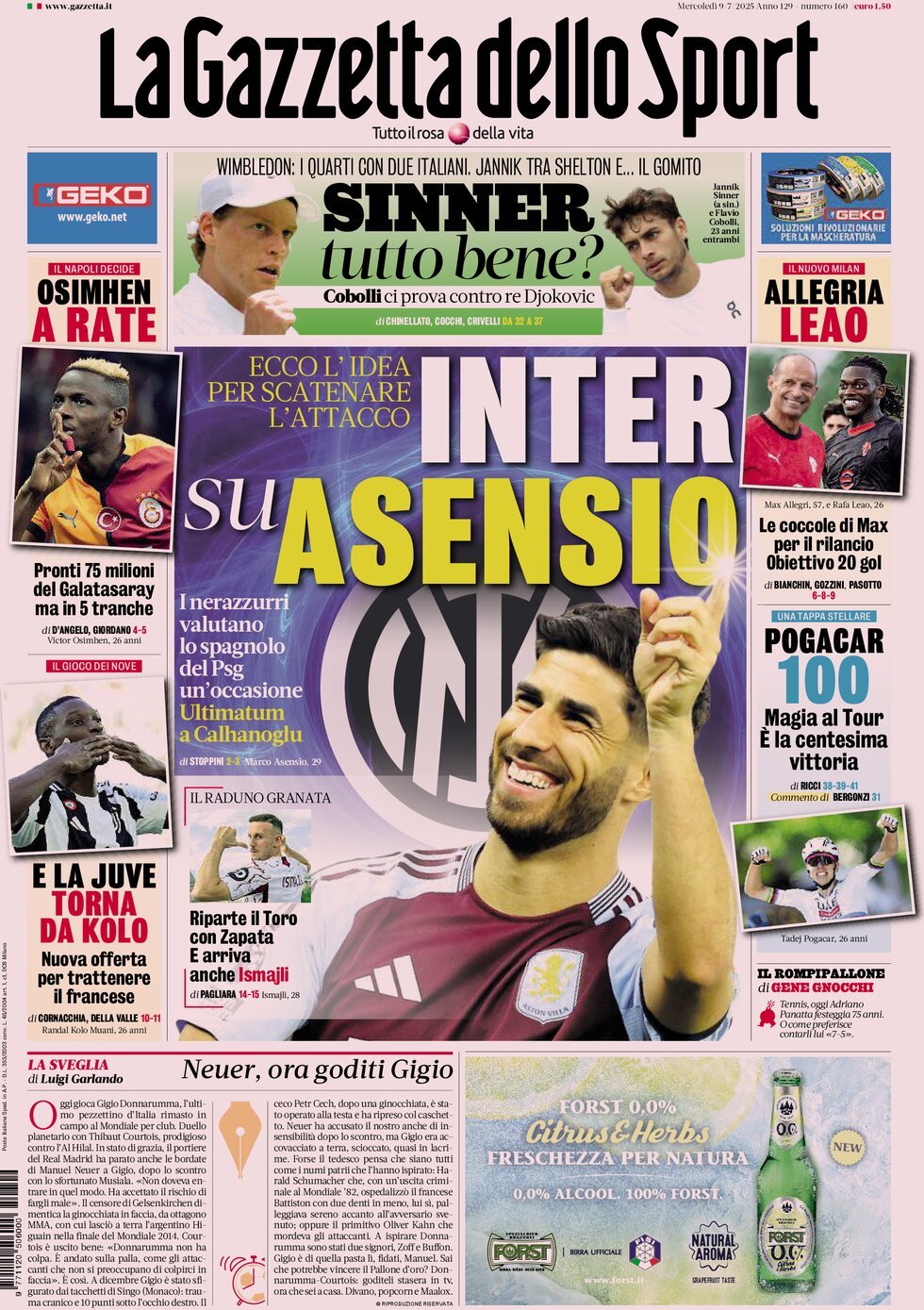 anteprima della prima pagina di la-gazzetta-dello-sport del 09/07/2025