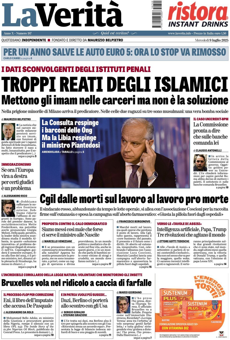 anteprima della prima pagina di la-verit del 09/07/2025