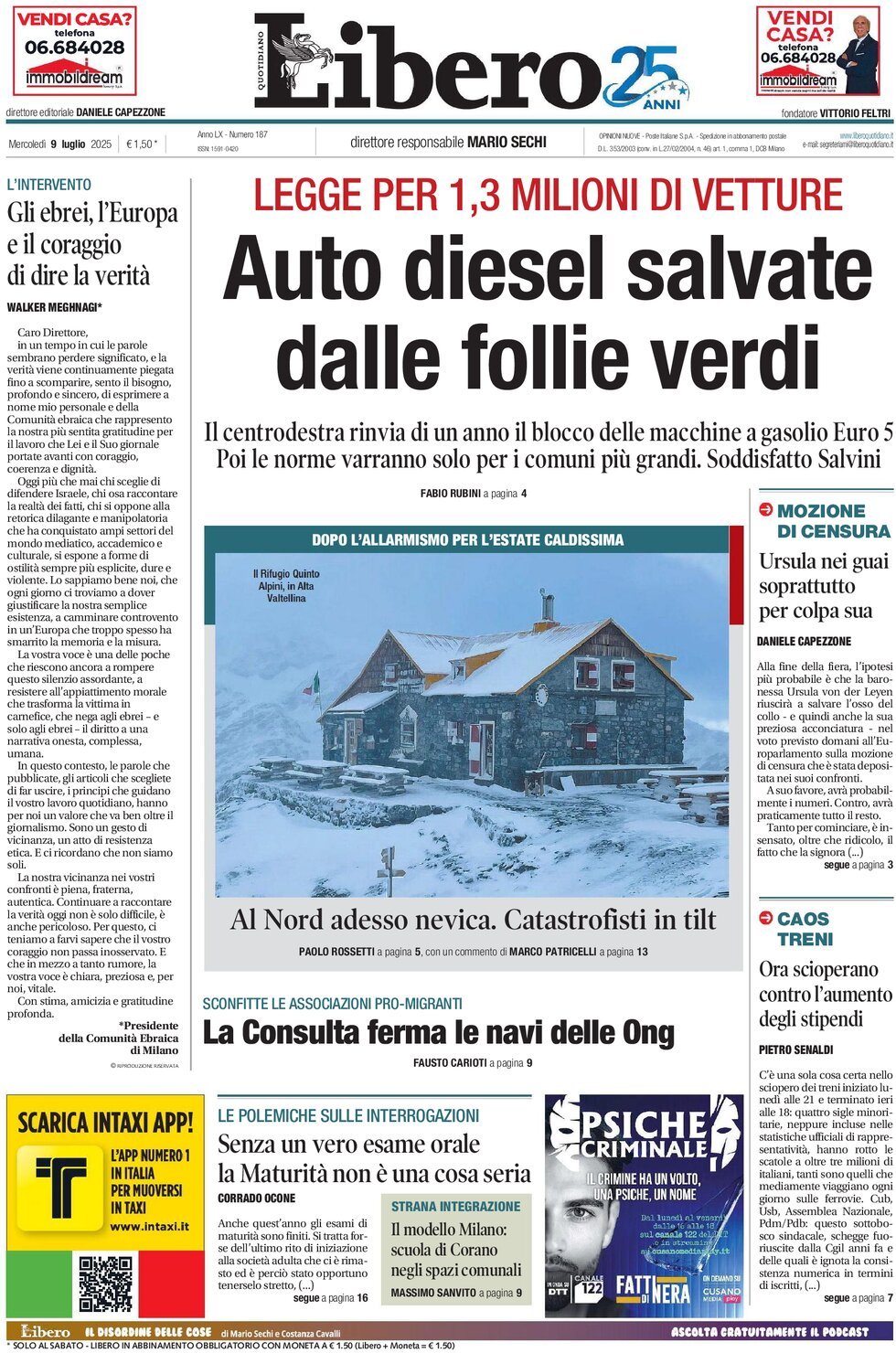 anteprima della prima pagina di libero-quotidiano del 09/07/2025