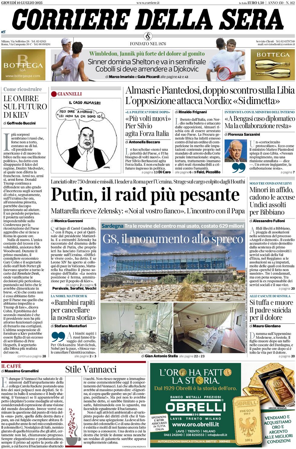 anteprima della prima pagina di corriere-della-sera del 10/07/2025