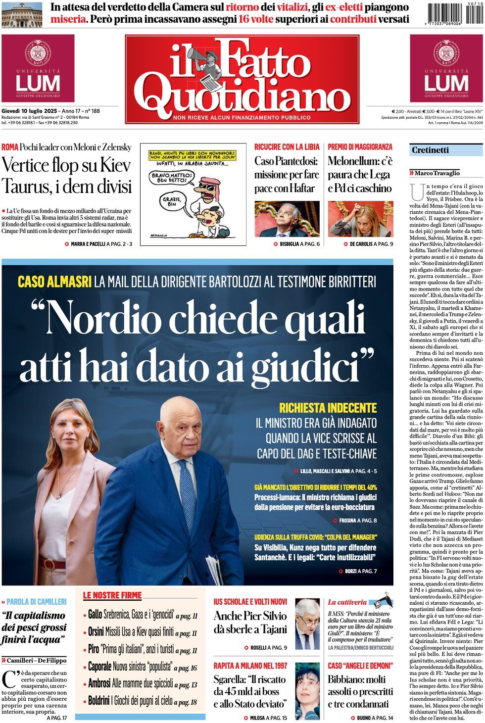 anteprima della prima pagina di il-fatto-quotidiano del 10/07/2025