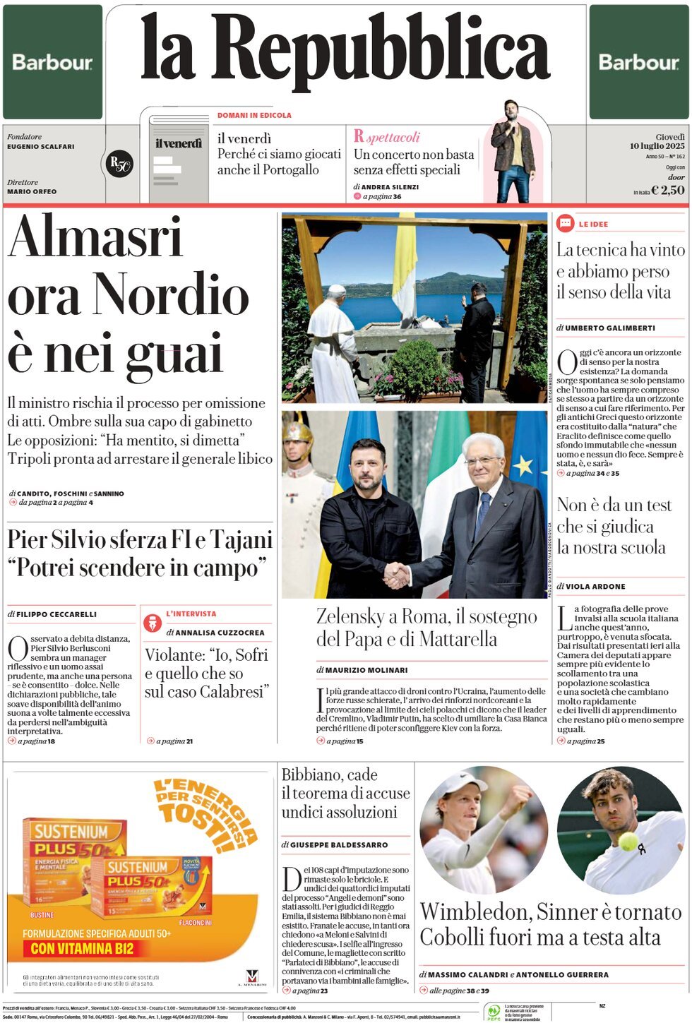 prima pagina - La Repubblica del 10/07/2025