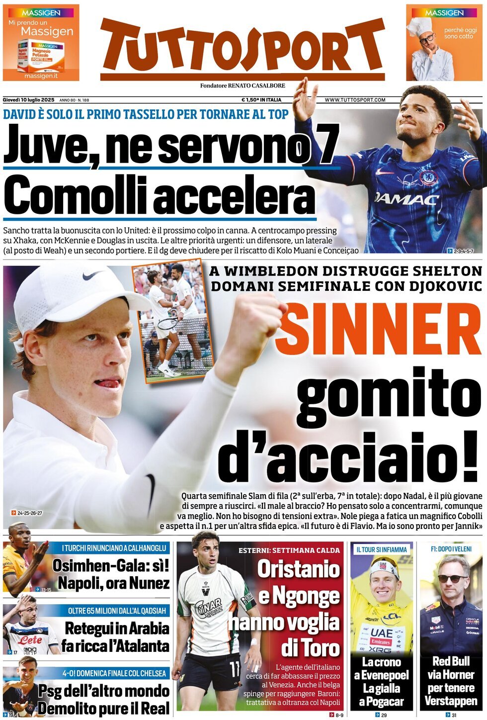 anteprima della prima pagina di tuttosport del 10/07/2025