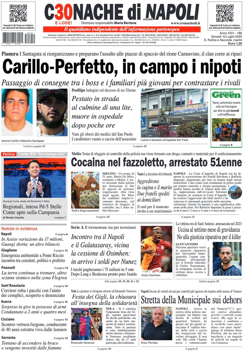 anteprima della prima pagina di cronache-di-napoli del 10/07/2025